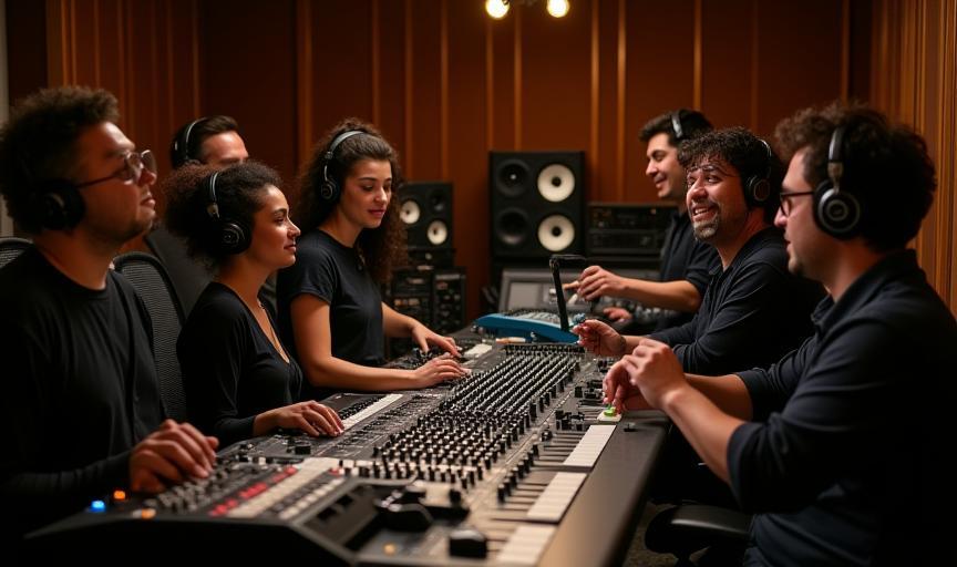 Equipe ÁudioViva em estúdio de gravação, rodeada de equipamentos profissionais